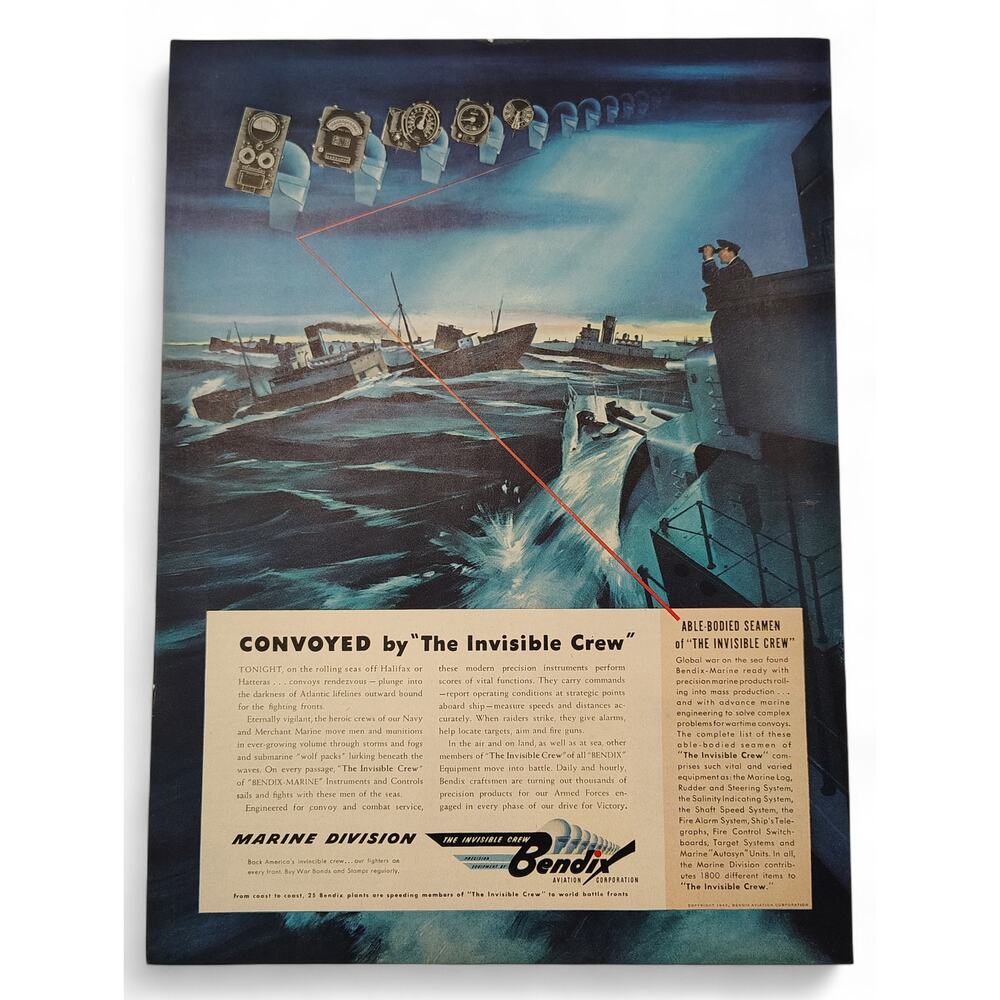 1943 Bendix Print Ad Invisible Crew Naval Radar Sonar Electronics 1940s Wartime
